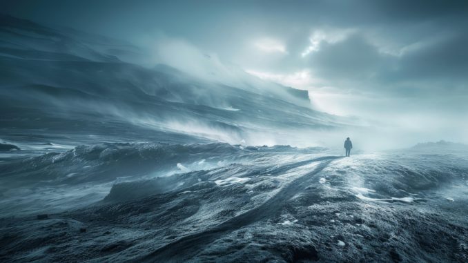 Foto des Dreiländereck-Grenzsteins bei Sonnenaufgang.