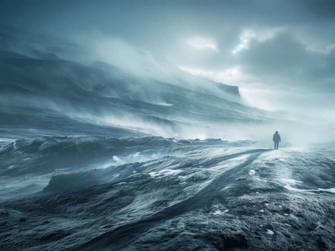 Foto des Dreiländereck-Grenzsteins bei Sonnenaufgang.
