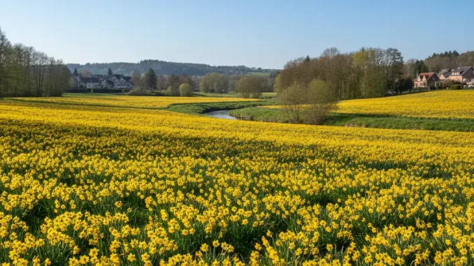 Blühendes Narzissenfeld unter blauem Himmel im Hohnbachtal, Kelmis.