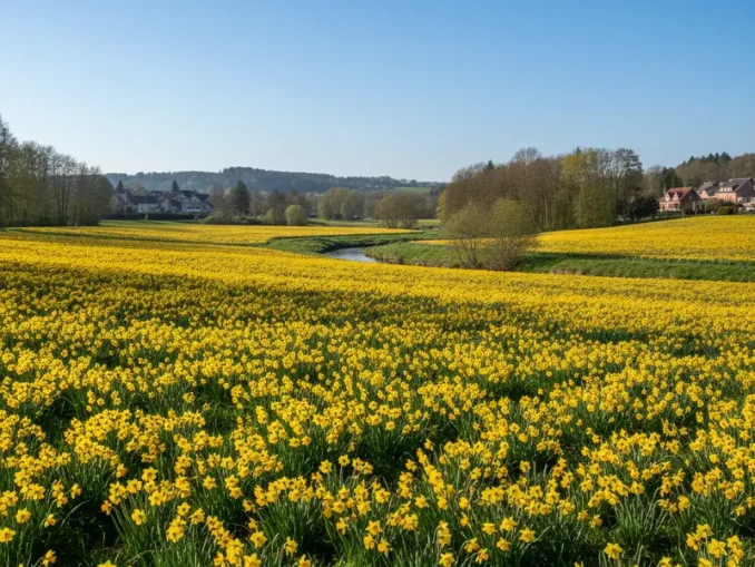 Blühendes Narzissenfeld unter blauem Himmel im Hohnbachtal, Kelmis.