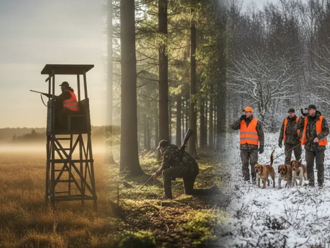 Verschiedene Jagdmethoden: Ansitzjagd, Pirschjagd und Drückjagd.