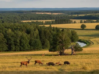Verschiedene Wildtierhabitate in Deutschland mit Rehen und Wildschweinen in Wäldern und Feldern.