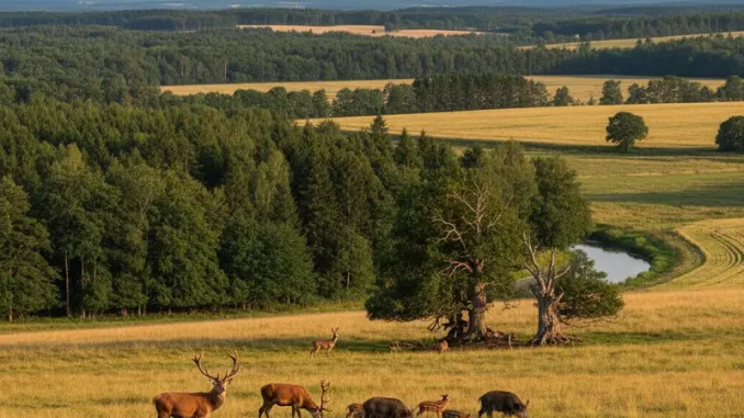 Verschiedene Wildtierhabitate in Deutschland mit Rehen und Wildschweinen in Wäldern und Feldern.
