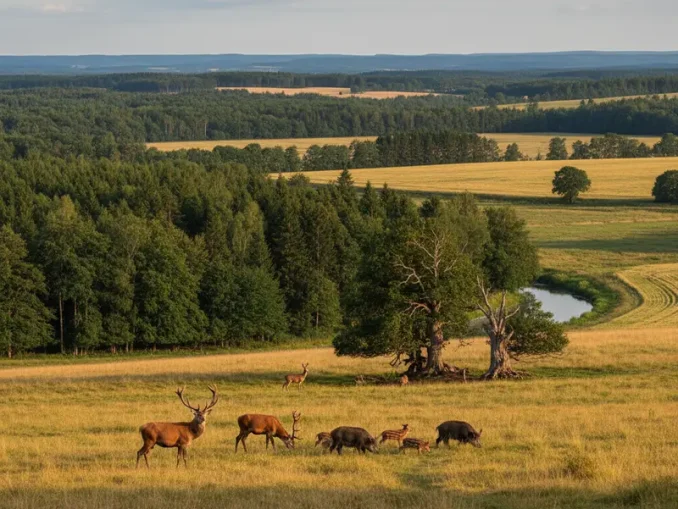 Verschiedene Wildtierhabitate in Deutschland mit Rehen und Wildschweinen in Wäldern und Feldern.