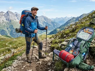 Wanderer mit einem 40-Liter-Rucksack auf einem Bergpfad und geordneter Ausrüstung.