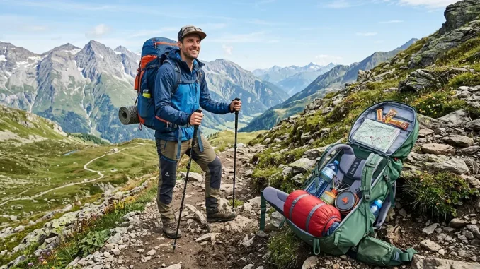 Wanderer mit einem 40-Liter-Rucksack auf einem Bergpfad und geordneter Ausrüstung.