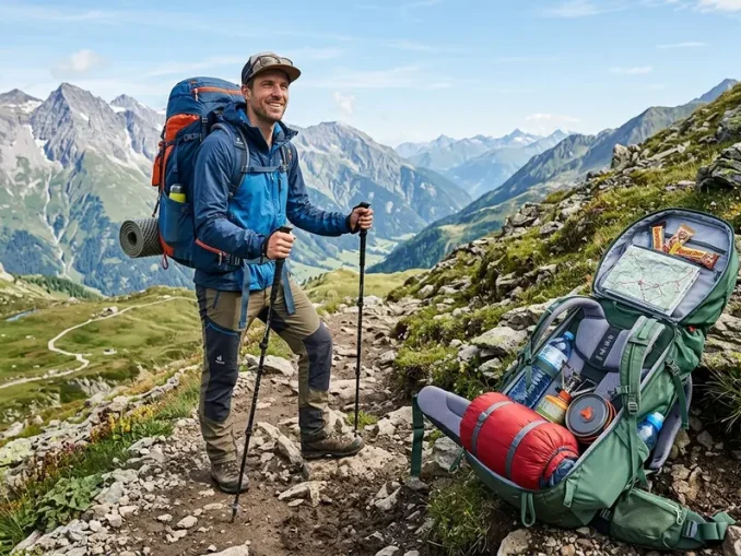 Wanderer mit einem 40-Liter-Rucksack auf einem Bergpfad und geordneter Ausrüstung.