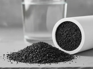 Häufchen schwarzes Aktivkohlegranulat auf einer grauen Steinplatte, daneben eine liegende weiße Filterpatrone, deren Schnittfläche den dunklen Kohlekern zeigt; im Hintergrund ein Glas klares Wasser.