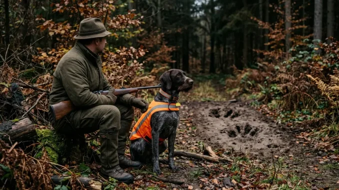Jagdhund und Jäger im Wald nahe einer Schwarzwildfährte als Hinweis auf die Aujeszkysche Krankheit.