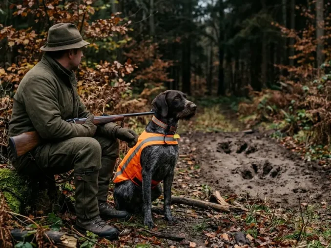 Jagdhund und Jäger im Wald nahe einer Schwarzwildfährte als Hinweis auf die Aujeszkysche Krankheit.