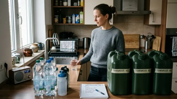 Gefüllte Wasserkanister und Trinkwasserflaschen bei einem Ausfall der Wasserversorgung in einer Küche.