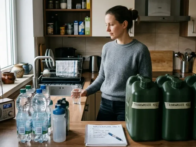 Gefüllte Wasserkanister und Trinkwasserflaschen bei einem Ausfall der Wasserversorgung in einer Küche.