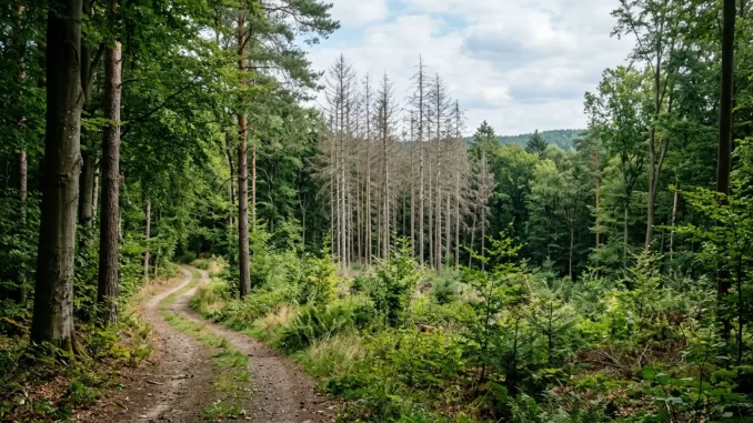 Mischwald aus Buchen und Kiefern mit abgestorbenen Fichten im Hintergrund.