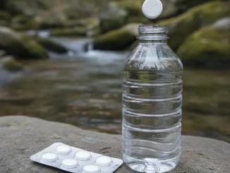 Weiße Entkeimungstablette schwebt über dem geöffneten Hals einer klaren Wasserflasche auf einem Felsen am Bach, daneben ein unbedruckter Blisterstreifen mit weiteren Tabletten.
