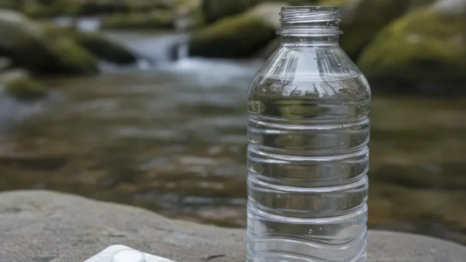 Weiße Entkeimungstablette schwebt über dem geöffneten Hals einer klaren Wasserflasche auf einem Felsen am Bach, daneben ein unbedruckter Blisterstreifen mit weiteren Tabletten.