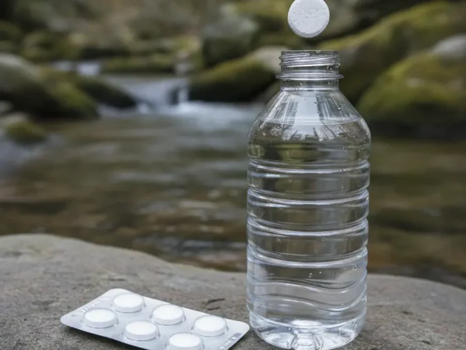 Weiße Entkeimungstablette schwebt über dem geöffneten Hals einer klaren Wasserflasche auf einem Felsen am Bach, daneben ein unbedruckter Blisterstreifen mit weiteren Tabletten.