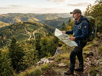 Wanderer erkennt erste Anzeichen beim Verlaufen durch den Vergleich von Karte und Gelände.