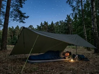 Person verbringt die erste Nacht ohne Zelt in einem Schlafsack unter einem Tarp am Waldrand.