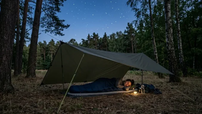 Person verbringt die erste Nacht ohne Zelt in einem Schlafsack unter einem Tarp am Waldrand.