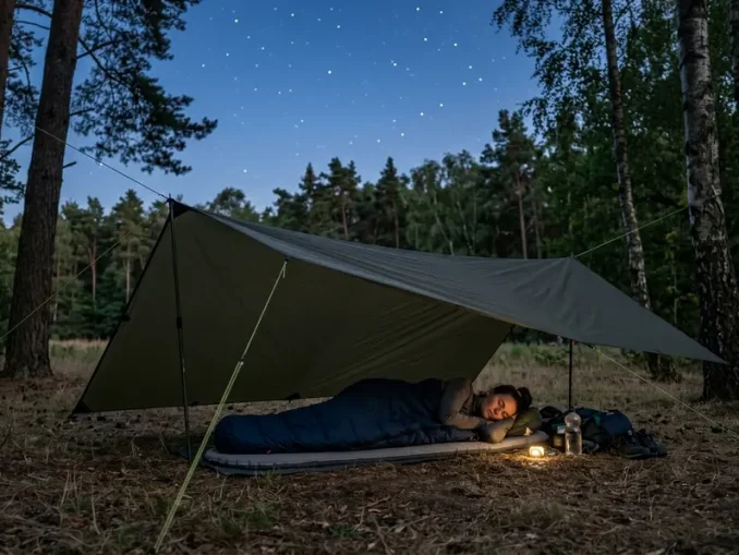 Person verbringt die erste Nacht ohne Zelt in einem Schlafsack unter einem Tarp am Waldrand.