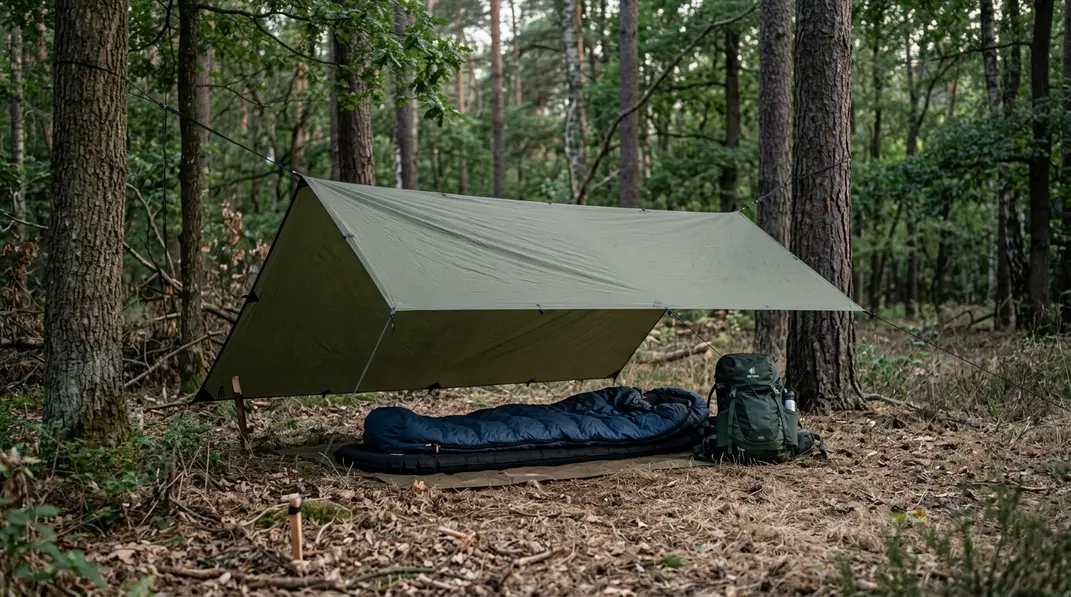 Ein trockenes, ebenes Lager mit Tarp schützt Schlafsystem und Körper vor Wind und Nässe.