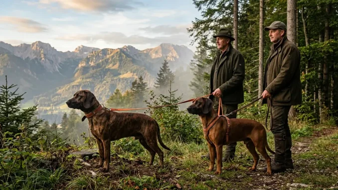 Ein Hannoverscher Schweißhund und ein Bayerischer Gebirgsschweißhund stehen mit ihren Führern am Waldrand vor Bergen.