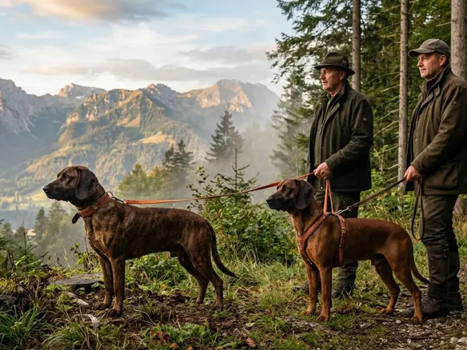 Ein Hannoverscher Schweißhund und ein Bayerischer Gebirgsschweißhund stehen mit ihren Führern am Waldrand vor Bergen.