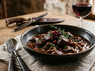 Serviertes Hirschgulasch Rezept in einer dunklen Schüssel mit zarten Fleischwürfeln und kräftiger Sauce.