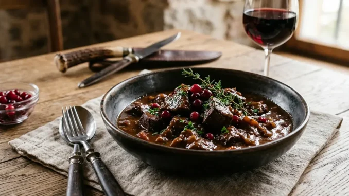 Serviertes Hirschgulasch Rezept in einer dunklen Schüssel mit zarten Fleischwürfeln und kräftiger Sauce.