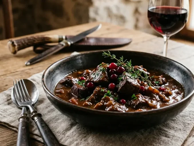 Serviertes Hirschgulasch Rezept in einer dunklen Schüssel mit zarten Fleischwürfeln und kräftiger Sauce.