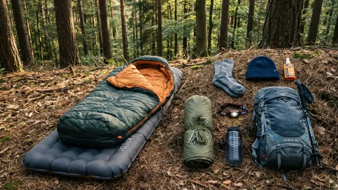 Schlafsack, Isomatte, Tarp und wichtige Ausrüstung liegen auf einer Waldlichtung.