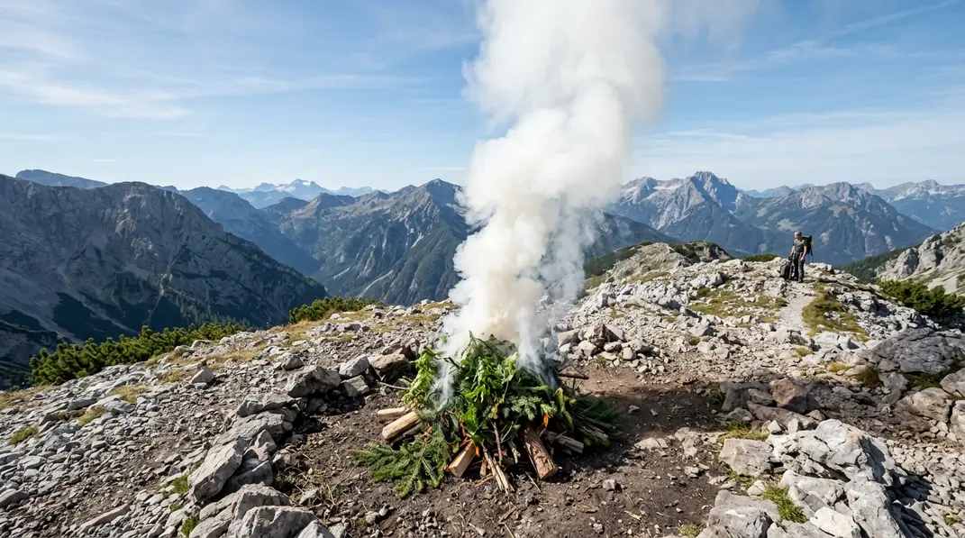 Feuchtes Pflanzenmaterial erzeugt auf einem stabilen Feuer sichtbaren Rauch.