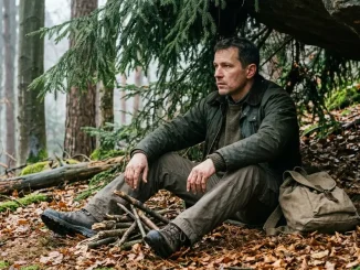 Person sitzt auf einer dicken Laubunterlage in einem windgeschützten Waldplatz.