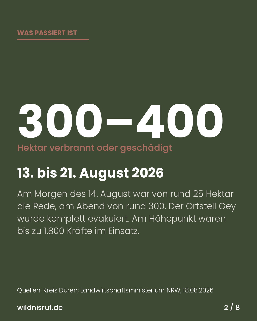 Infokarte: 300 bis 400 Hektar verbrannt oder geschädigt, 13. bis 21. August 2026, Ortsteil Gey evakuiert