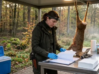 Kundige Person in der Jagd prüft Wildbret an einem hygienischen Aufbrechplatz am Waldrand.