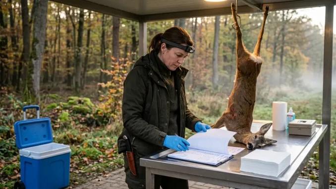 Kundige Person in der Jagd prüft Wildbret an einem hygienischen Aufbrechplatz am Waldrand.