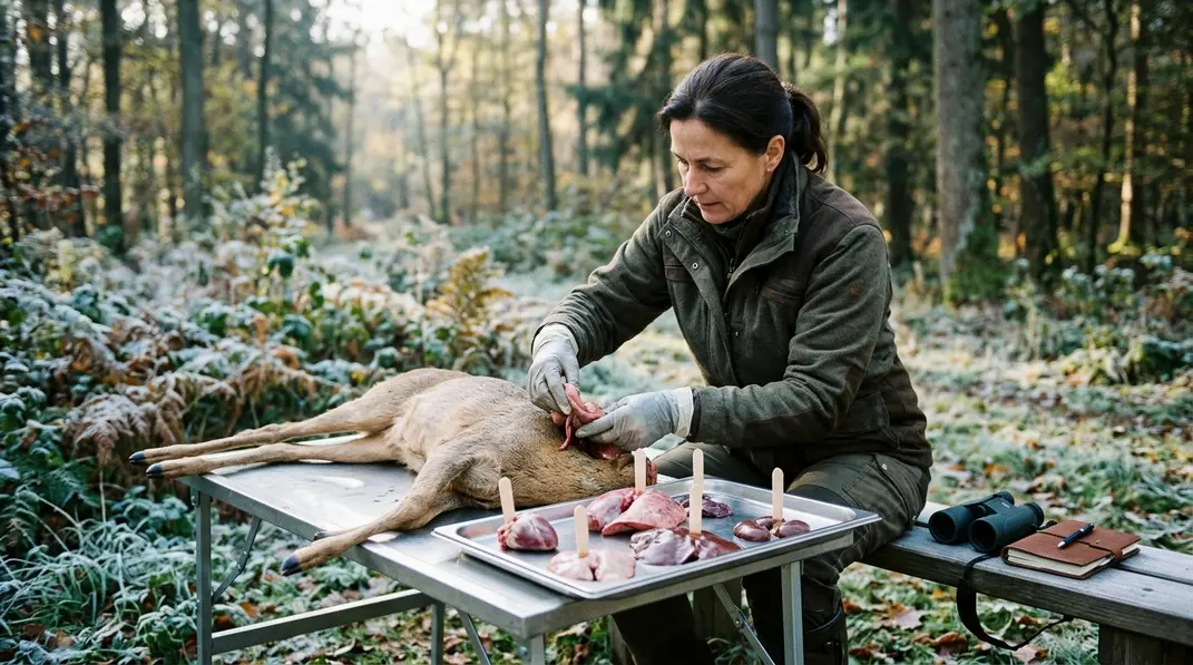 Kundige Person bei der Untersuchung eines Rehwildkörpers und der Organe an einem sauberen Aufbrechplatz.