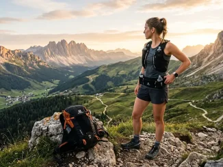 Trailrunnerin mit Laufweste und Trinkgürtel auf einem alpinen Aussichtspunkt, daneben ein Laufrucksack.