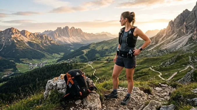 Trailrunnerin mit Laufweste und Trinkgürtel auf einem alpinen Aussichtspunkt, daneben ein Laufrucksack.