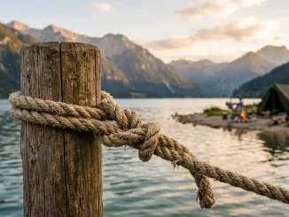 Ein Palstek Knoten aus kräftigem Seil liegt als feste Schlaufe um einen Holzpfahl am Seeufer.
