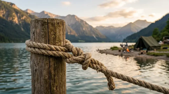 Ein Palstek Knoten aus kräftigem Seil liegt als feste Schlaufe um einen Holzpfahl am Seeufer.