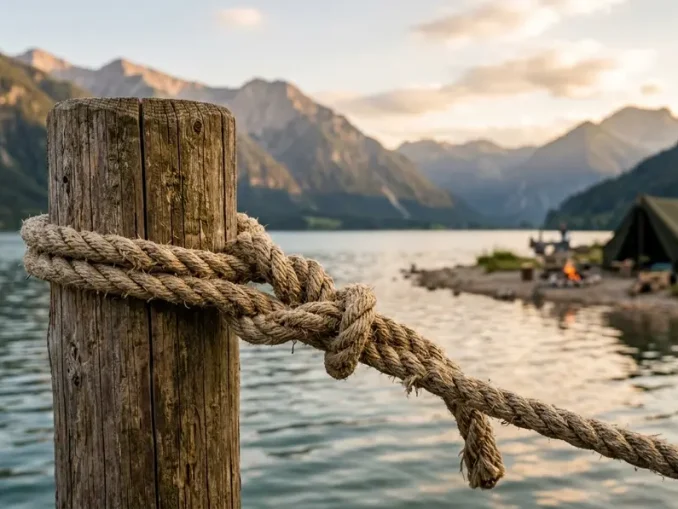 Ein Palstek Knoten aus kräftigem Seil liegt als feste Schlaufe um einen Holzpfahl am Seeufer.