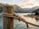 Ein Palstek Knoten aus kräftigem Seil liegt als feste Schlaufe um einen Holzpfahl am Seeufer.