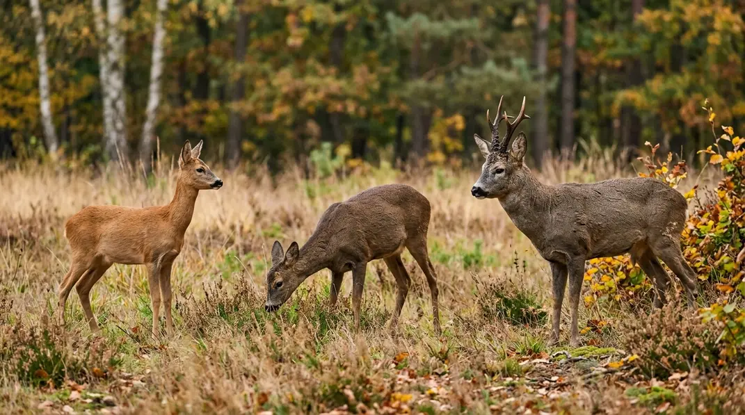 Drei Rehe unterschiedlicher Altersklassen auf einer Waldwiese, erkennbar an Körperbau und Trägerstärke.