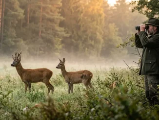 Jäger bei der Rehwild-Ansprache mit Fernglas, während Bock und Ricke auf einer Waldwiese stehen.