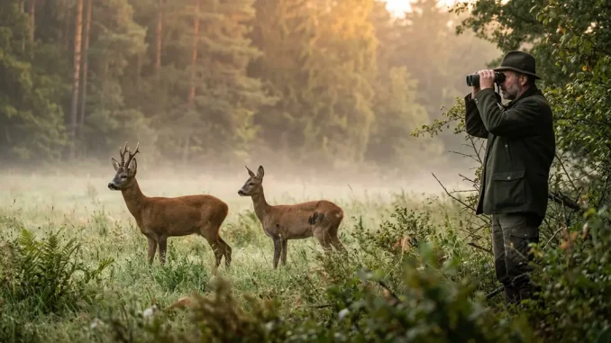 Jäger bei der Rehwild-Ansprache mit Fernglas, während Bock und Ricke auf einer Waldwiese stehen.