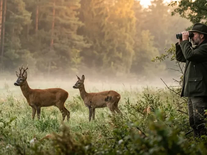 Jäger bei der Rehwild-Ansprache mit Fernglas, während Bock und Ricke auf einer Waldwiese stehen.