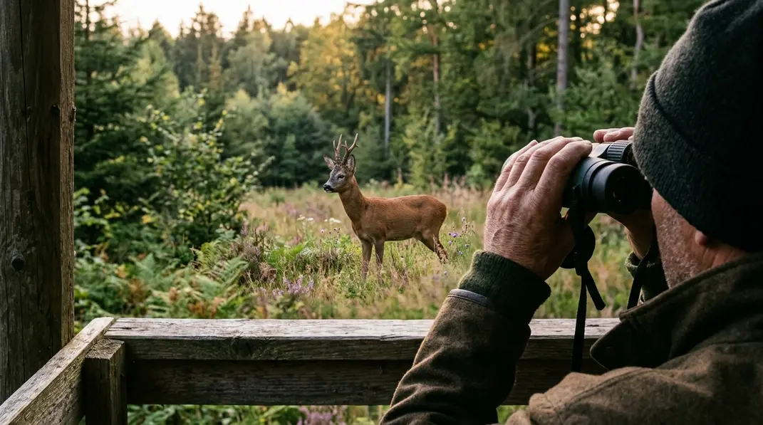 Jäger beobachtet bei der Rehwild-Ansprache einen Bock mit dem Fernglas auf einer Waldlichtung.