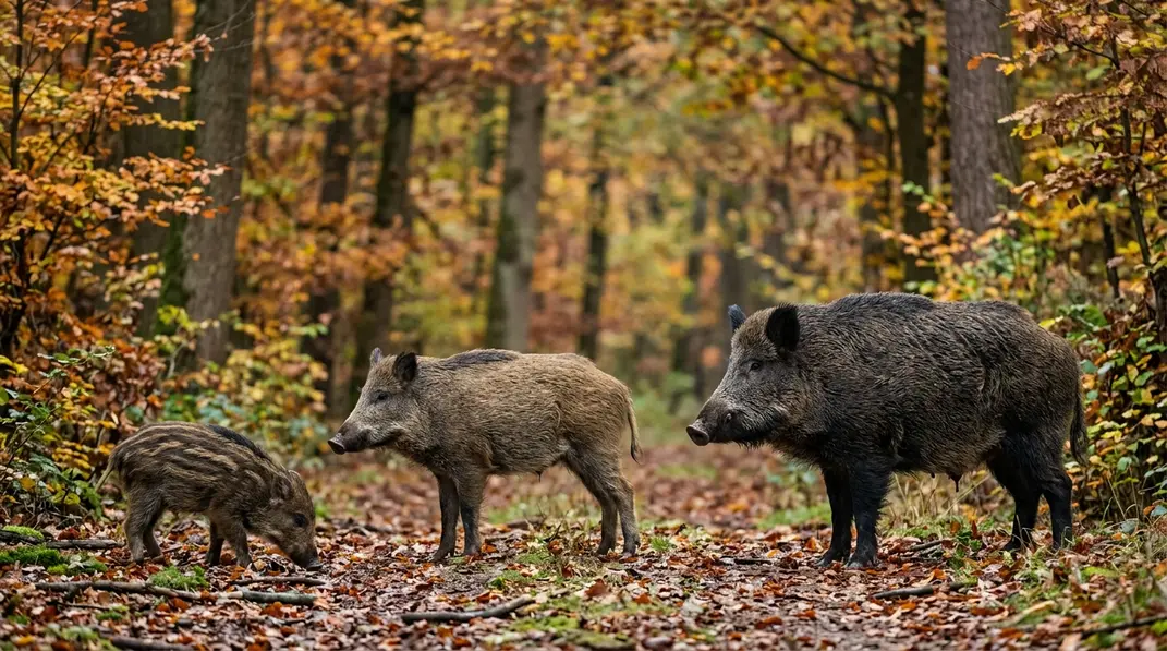 Drei Schwarzwildstücke unterschiedlicher Altersklassen auf einer herbstlichen Waldlichtung.