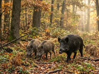 Eine Schwarzwildrotte mit Bache, Überläufern und Frischlingen in einem herbstlichen Mischwald.